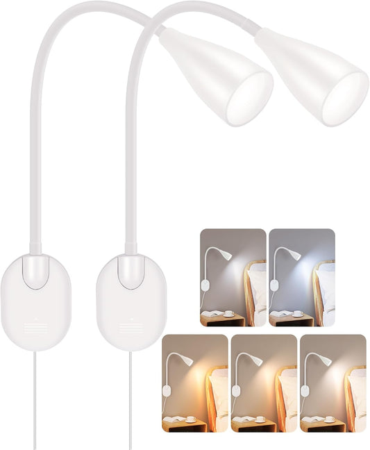 Wall-Mounted LED Bedside Reading Light with USB Charging Port, 10-Level Dimmable & Adjustable 5 Color, Plug-in Adhesive Night Lamp for Books in Bed, Eye-Caring Bedroom Lighting (White 2 Pack)