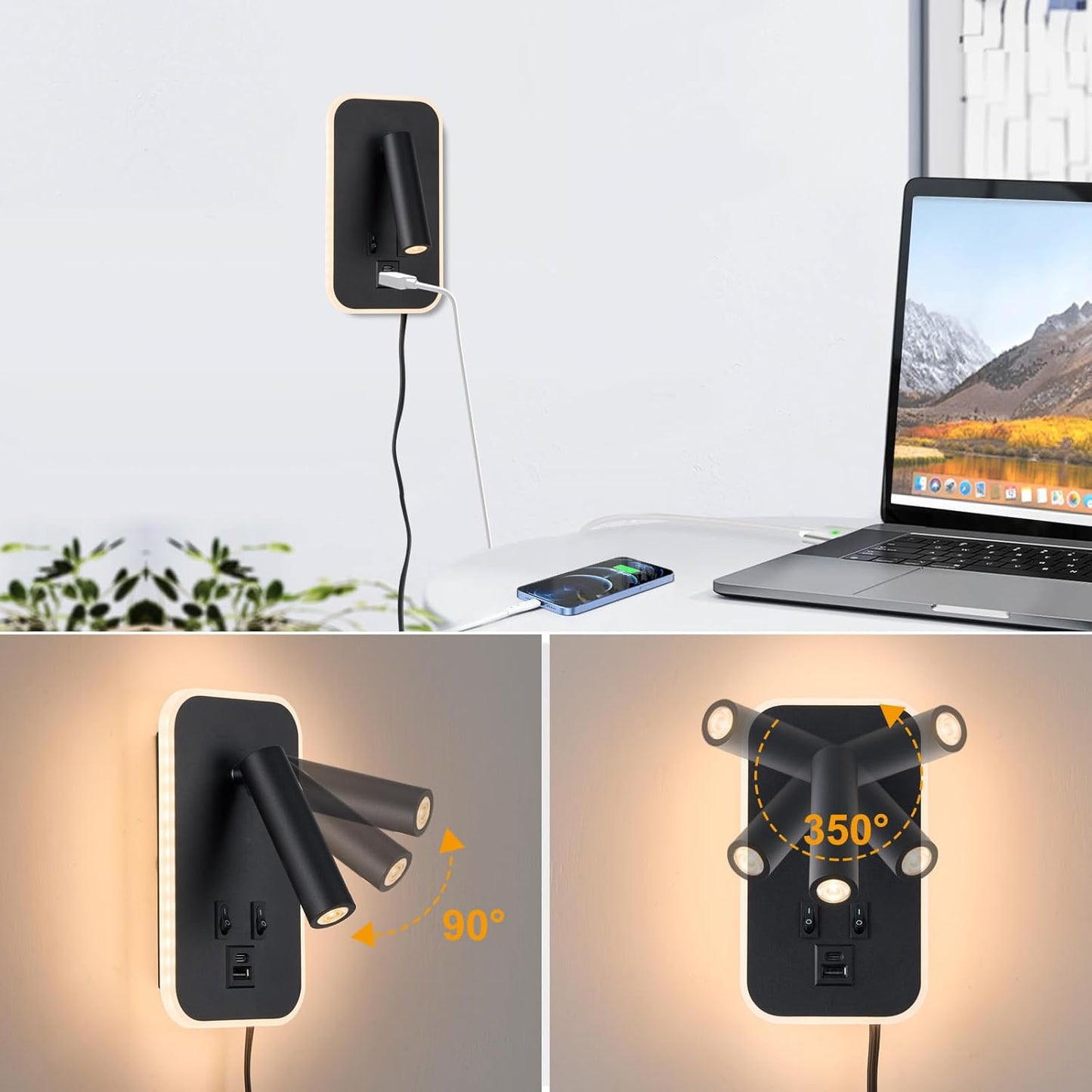 Headboard Reading Light, Bedside Lamp Plug in Hardwired 2 in 1 Wall Sconce Bedside Lamps USB C+A Ports, Adjustable Headboard Lights for Bedroom with 10W+3W Wall Mounted Reading 3000K (Black)