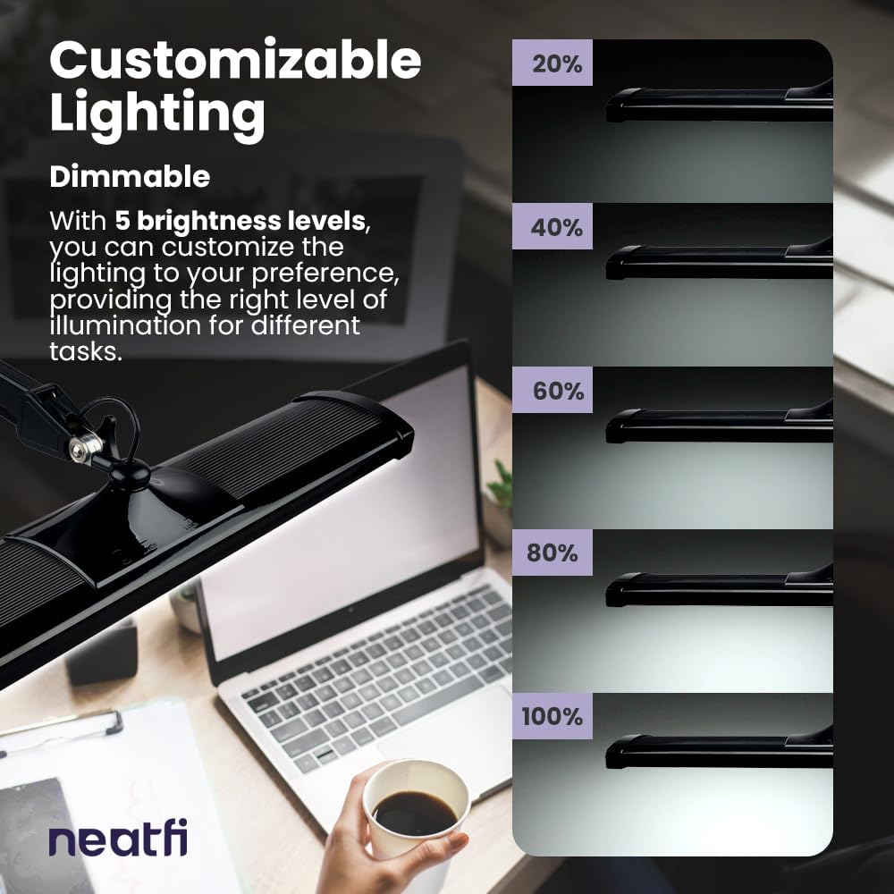 Neatfi Ultra 3,500 Lumens LED Desk Lamp – 45W, 26” Wide Metal Shade, 270 SMD LEDs, Shadow-Free | Adjustable Brightness | Non-Flickering Task Light for Nail, Craft & Office (Non-CCT with Clamp, Black)