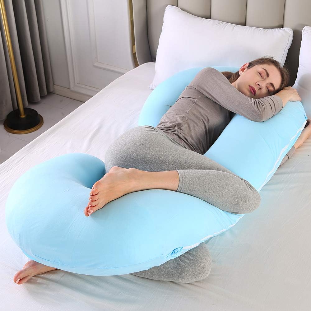 CDEN Pregnancy Pillow, C Shaped Full Body Pillow 52", Maternity Pillow Support for Back, Legs, Neck, HIPS for Pregnant Women with Removable Washable Jersey Cover(LIGHTBLUE)