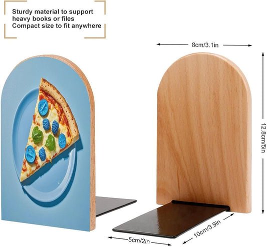 Light Blue Pizza Slice Bookends 1 Pair Heavy Duty Book Ends for Shelves Non-Skid Bookend Supports Wooden Book Holders with Metal Base Desk Organizers Books Storage to Hold Books
