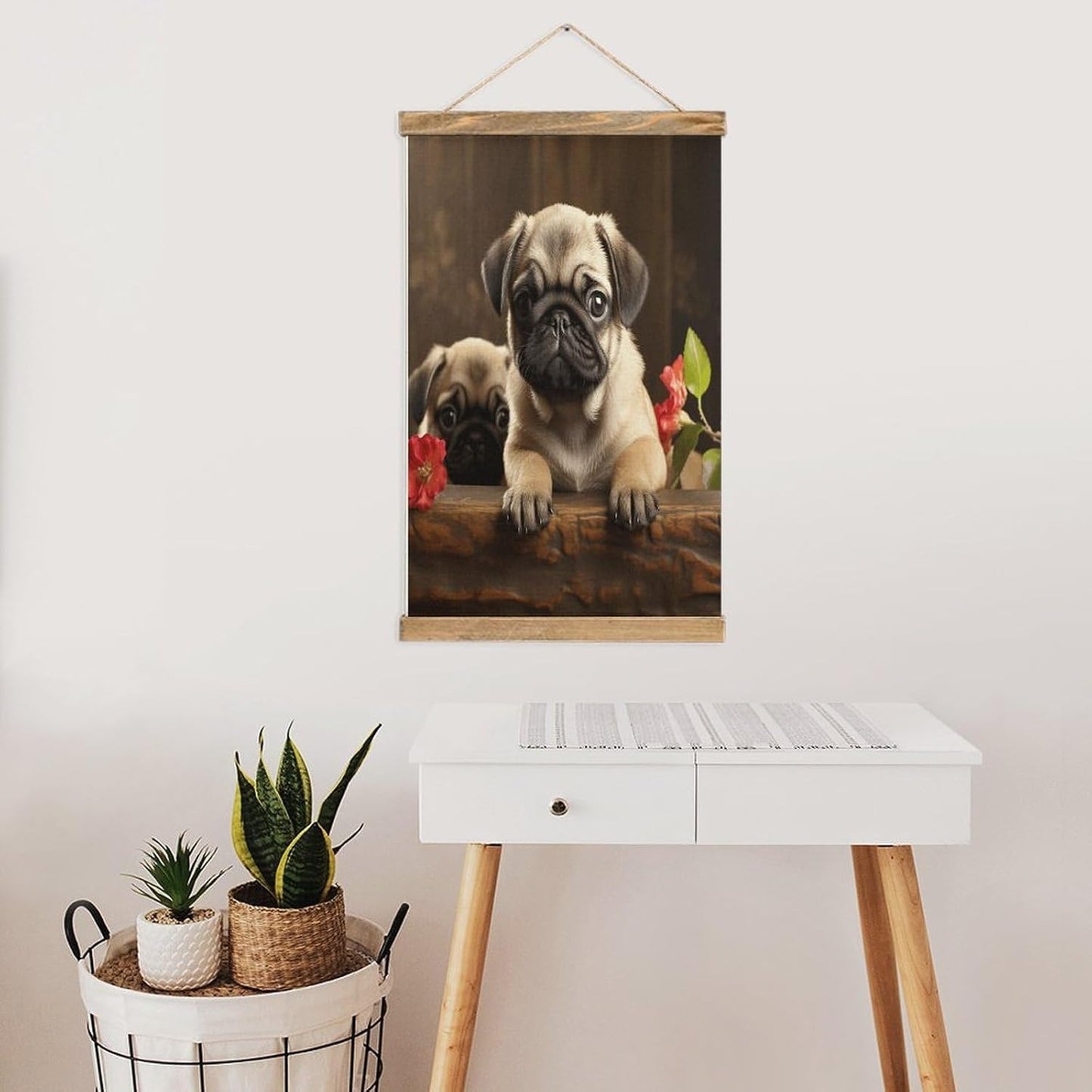 Vintage Puppys Pug Poster with Wooden Frame Personalized Linen Hanging Scroll Painting Rustic Wall Hanging Illustrative Modern Artwork Decor for Home Living Room Bedroom Office