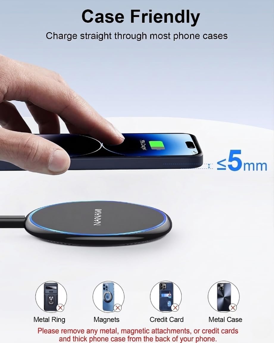 NANAMI 10W Max Wireless Charger Pad, Fast Charging Compatible with iPhone 17/16/15/14/13/12/11/SE Series, Samsung Galaxy S26/S25/S24/S23/S22/S21/S20, AirPods 2/3 - Adapter Required (Sold Separately)