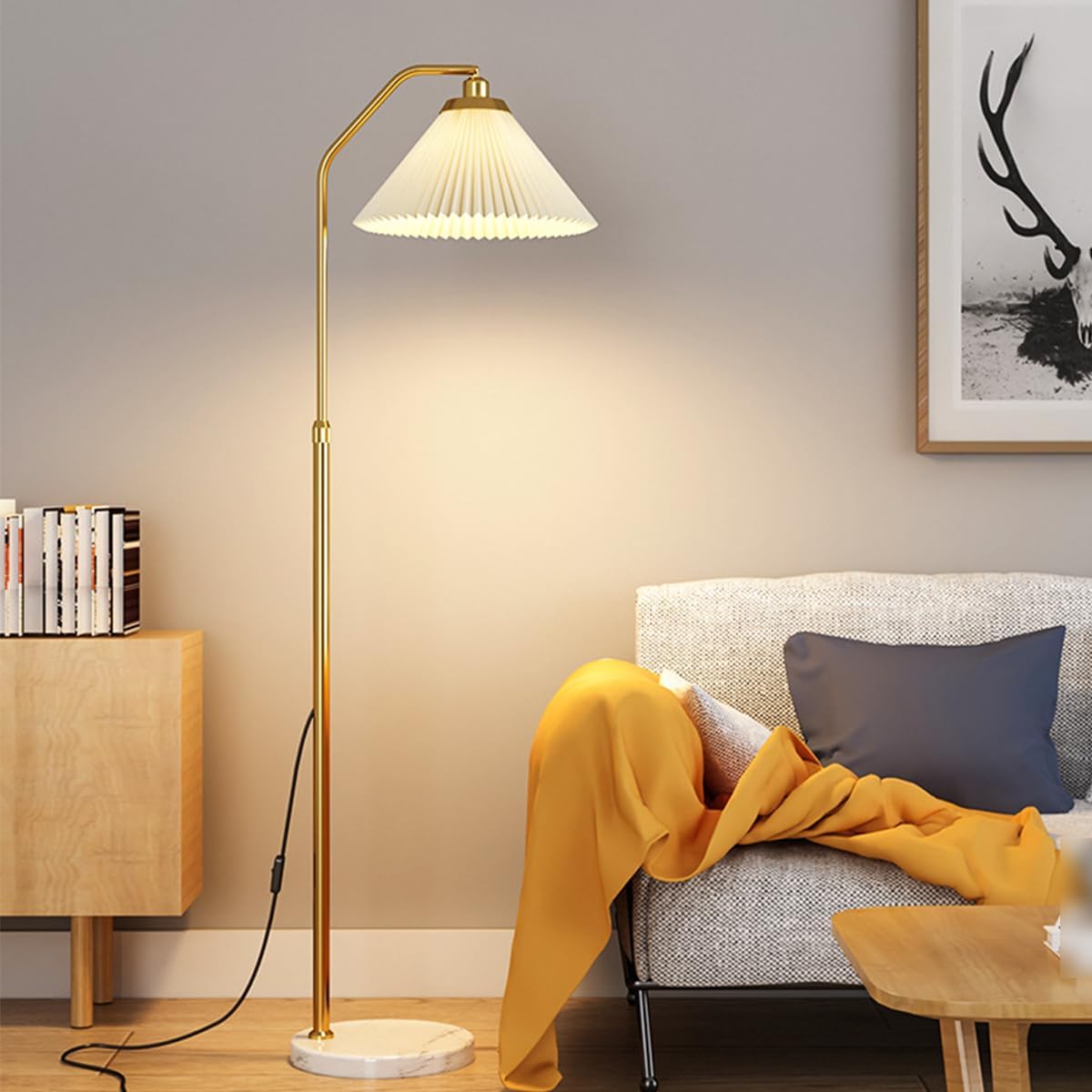 Gold Floor Lamp Adjustable Height Angle Floor Lamps Sofa Side Standing Reading Light Rust-Proof Iron Tall Lights Marble Base Linen Shade Pole Lamp E27 Base for Classroom Dorm Room