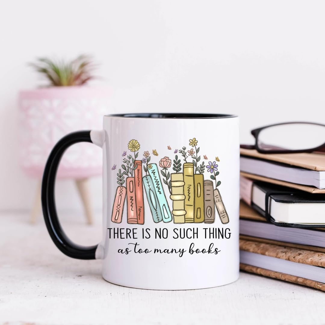 Book Lovers Coffee Mug with Gift Keychain,There is No Such Thing As too Many Books Coffee Cup, 11 Oz Reader Water Mug for Reading Lovers Bookworm Books Lover Woman Gifts (Black)