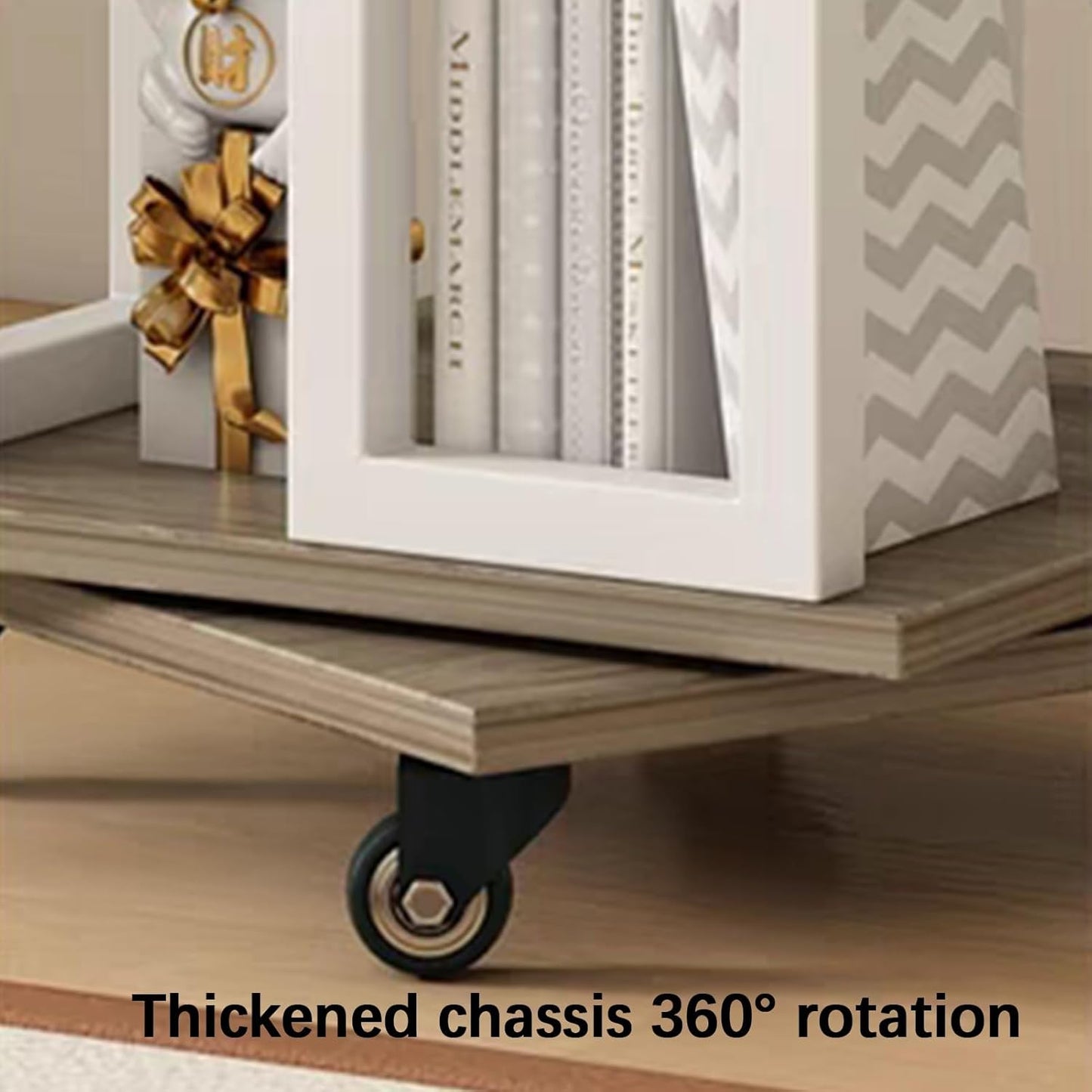 360° Rotating Bookshelf, 4 Tiers Unit Storage Display Rack with Universal Wheels, Floor Standing CD Rack, for Bedroom Living Room Home, Easy Assemble(White+Gray)