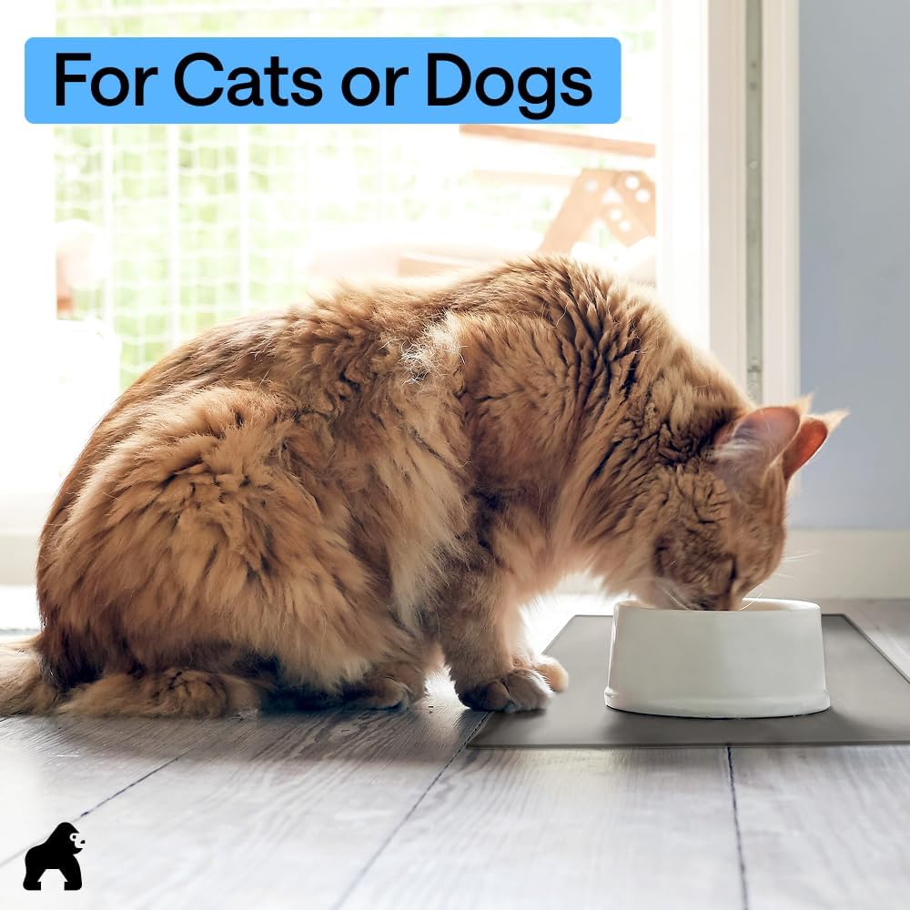 GORILLA GRIP 100% Waterproof Raised Edge BPA Free Silicone Pet Feeding Mat, Dog Cat Food Mats Contain Spills Protects Floors, Placemats for Cats and Dogs Water Bowl, Pets Accessories 18.5x11.5 Gray