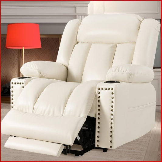 Large Wide Power Lift Recliner Chair for Elderly, Comfortable Leather Electric Reclining Sofa with Heat & Massage, Extended Footrest, Cup Holders, Side Pockets