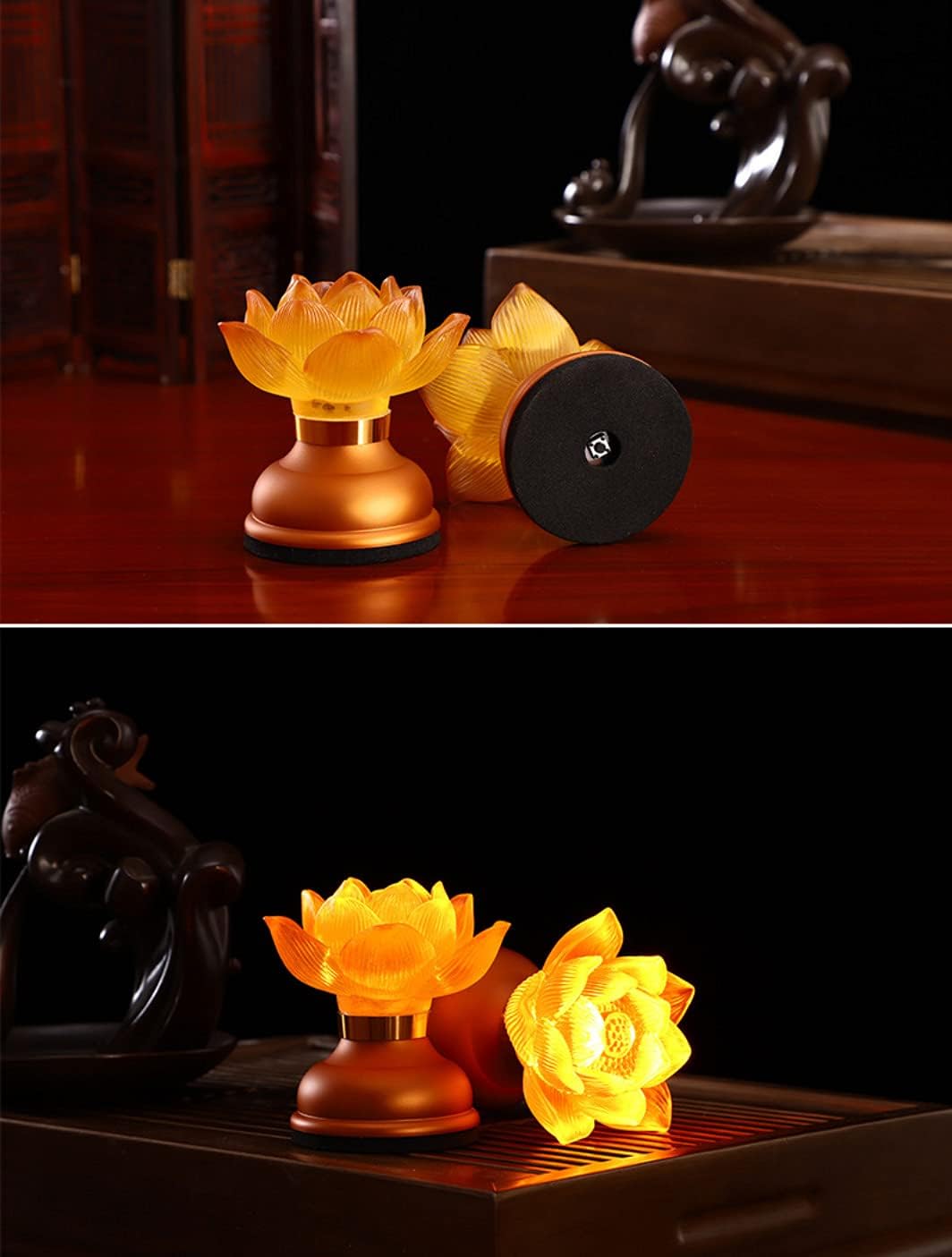 1Pair - LED Glazed Lotus Buddhist Lamp, Light offering Before Buddha, USB Rechargeable Lotus Light, Temple Decoration & Faith Supplies - 3.5 inches