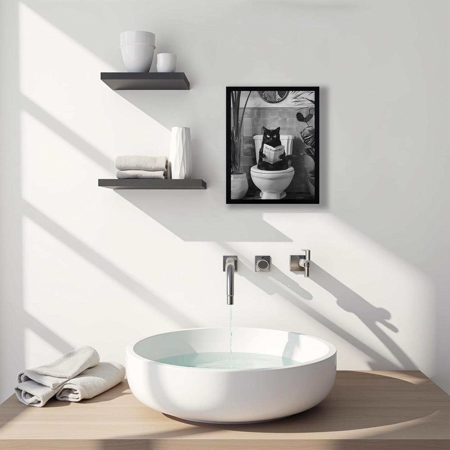 Funny Black Cat Bathroom Wall Decor, Black Cat Sitting on Toilet Reading Newspaper Wall Art, Humorous Cat Bathroom Decor, Black and White Minimalist Animal Canvas Wall Art for Restroom, Wood Framed 8x10