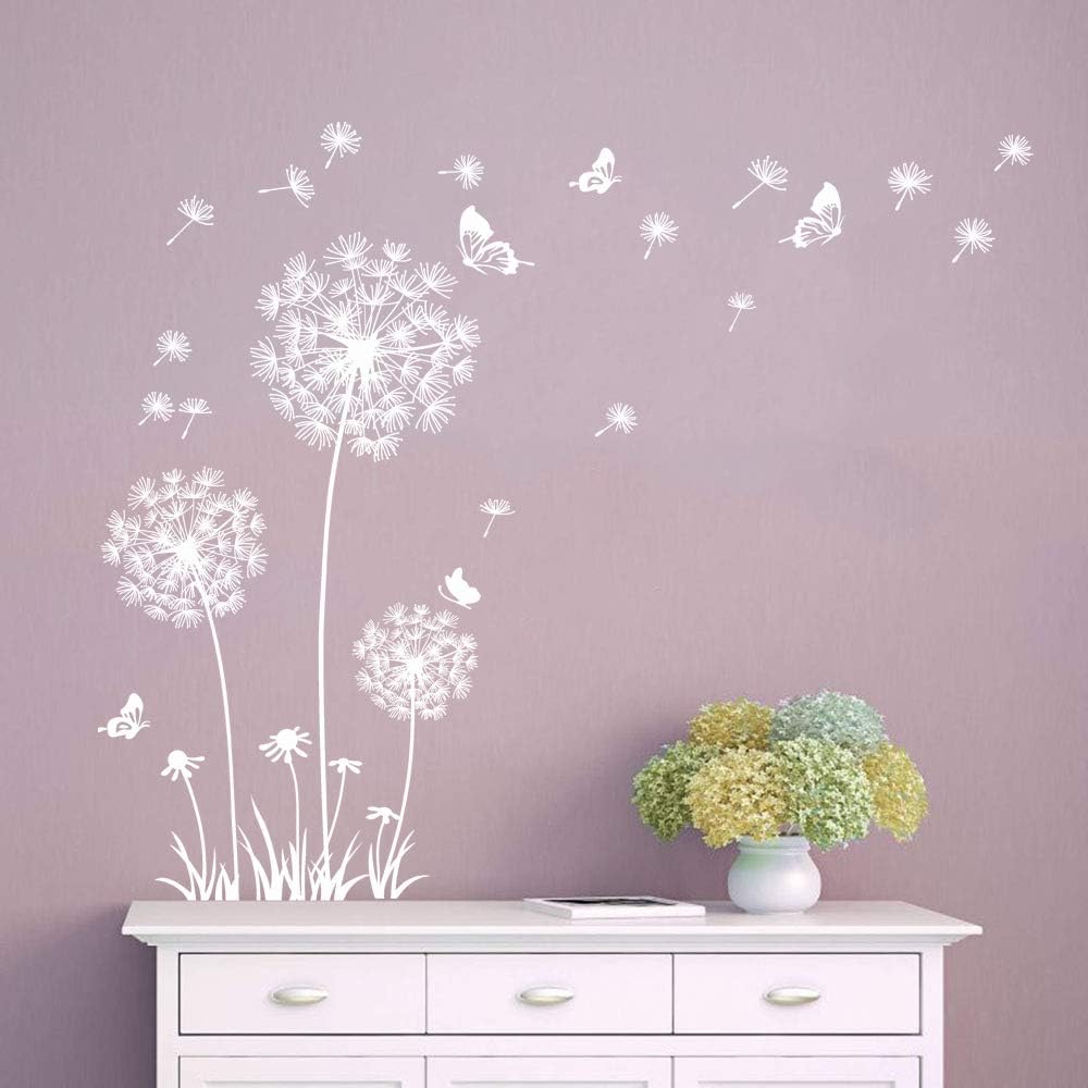 Runtoo White Dandelion Art Stickers - Large Flower Butterfly Wall Decals for Bedroom and Living Room Decor