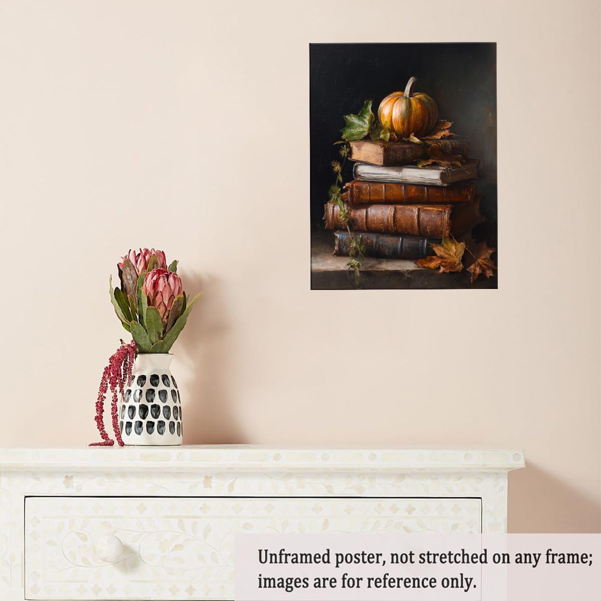 Vintage Pumpkin Still Life Wall Art – Antique Books with Fall Leaves Canvas Print,Dark Academia Autumn Aesthetic Poster for Reading Nook Decor 12x16in Unframed