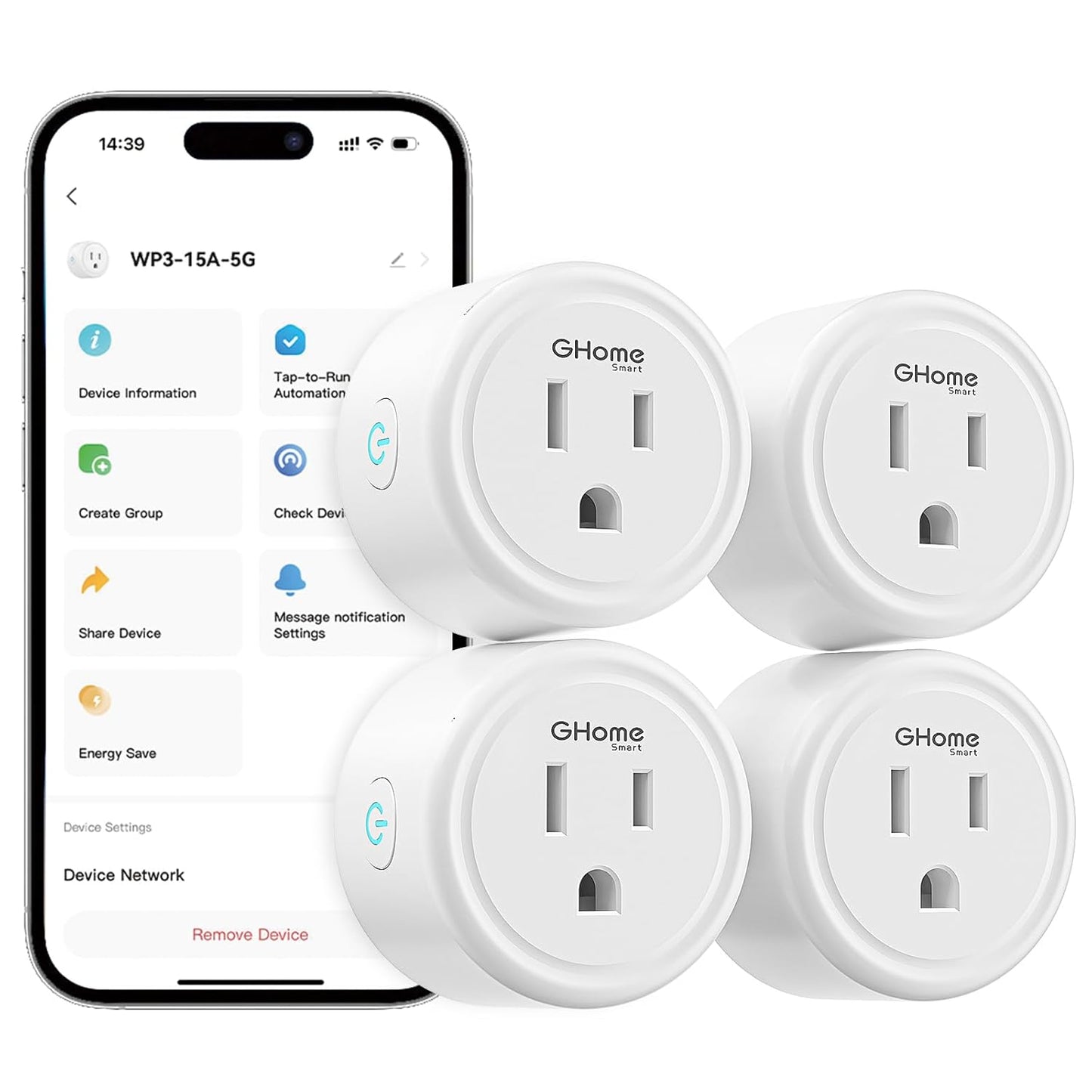 GHome Smart Plug 15A 5G Hz and 2.4GHz Wi-Fi, Compatible with Alexa & Google Home & IFTTT, No Hub Required, UL/ETL/FCC Certified,Remote Control, Timer,White [4 Pack]