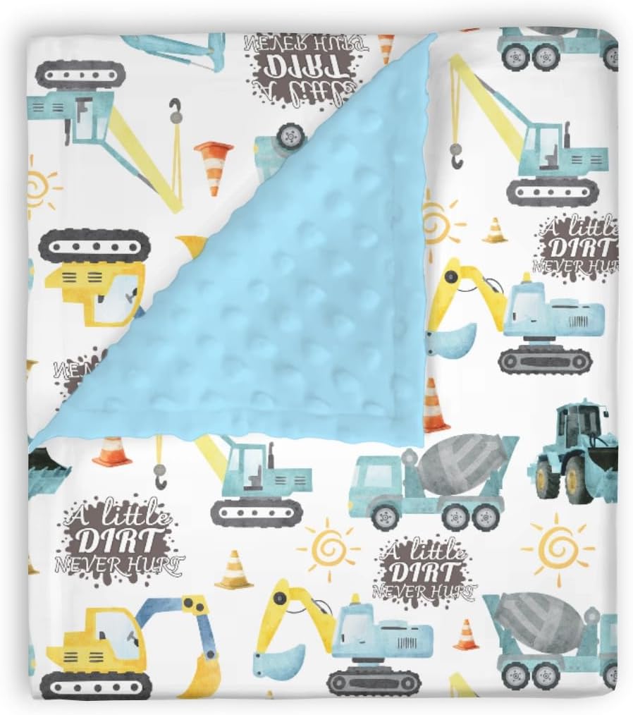 Mink Baby Boy Blankets Blue Yellow Construction Vehicle, A Little Dirt Never Hurt Double Layer Dotted Backing Receiving Swaddle, Newborn Infant Toddler Nursery Crib Bedding Shower Gift 30 x 40