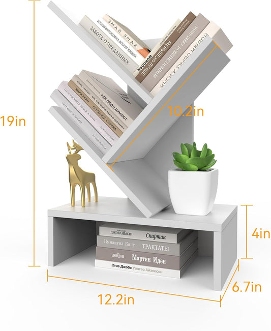 Godferyxin Desktop Bookshelf with Drawer – Compact Book Holder for Small Spaces, White Mini Bookcase for Office, CDs, and Decorative Items, Fits Bedroom Desk