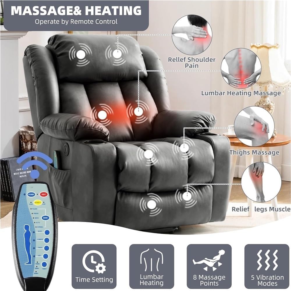 Power Lift Recliner Chair for Adults with Massage and Heat Electric Recliner Remote Control Comfortable Upholstered Leather USB Charging Ports Side Storage Pockets