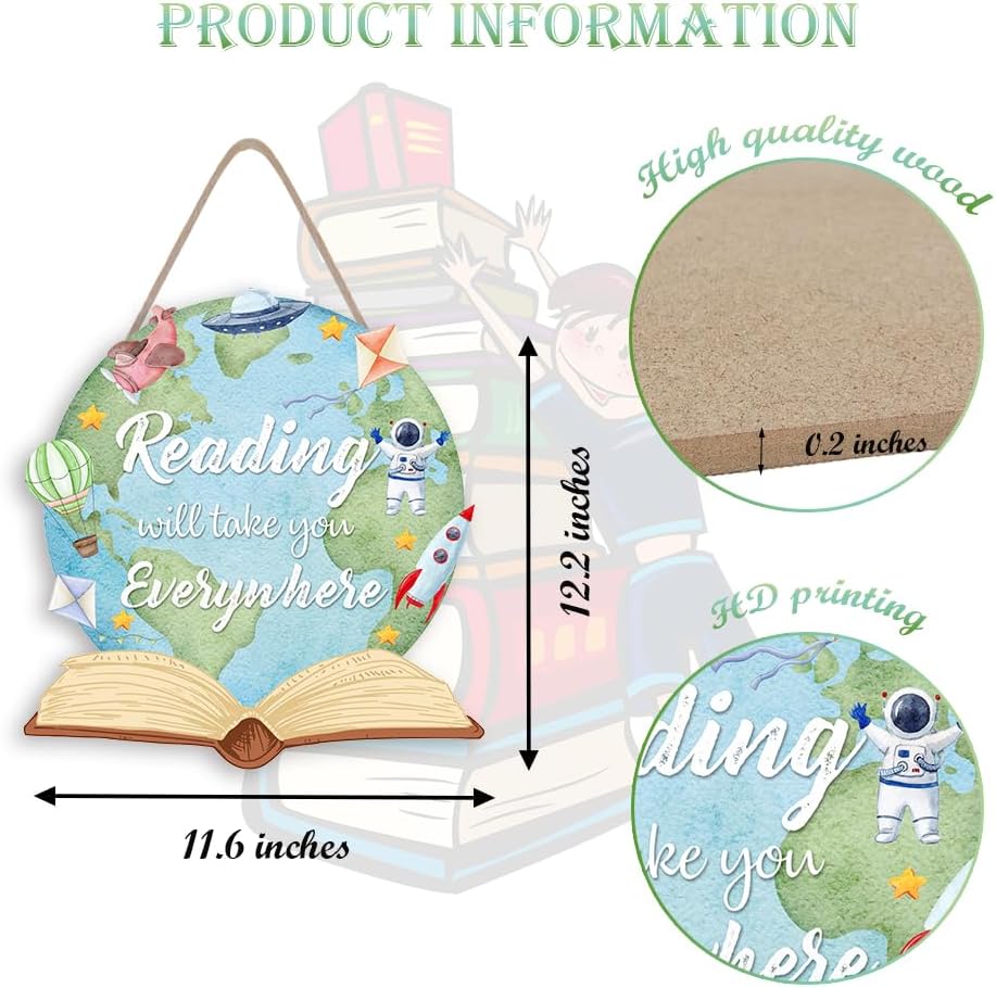 OLMIXA Earth Reading Book Wooden Hanging Sign (11.6x12.2inch), Reading Will Take You Everywhere Inspirational Quote Door Hanger Sign, Educational Reading Sign for Library Study Classroom Decor