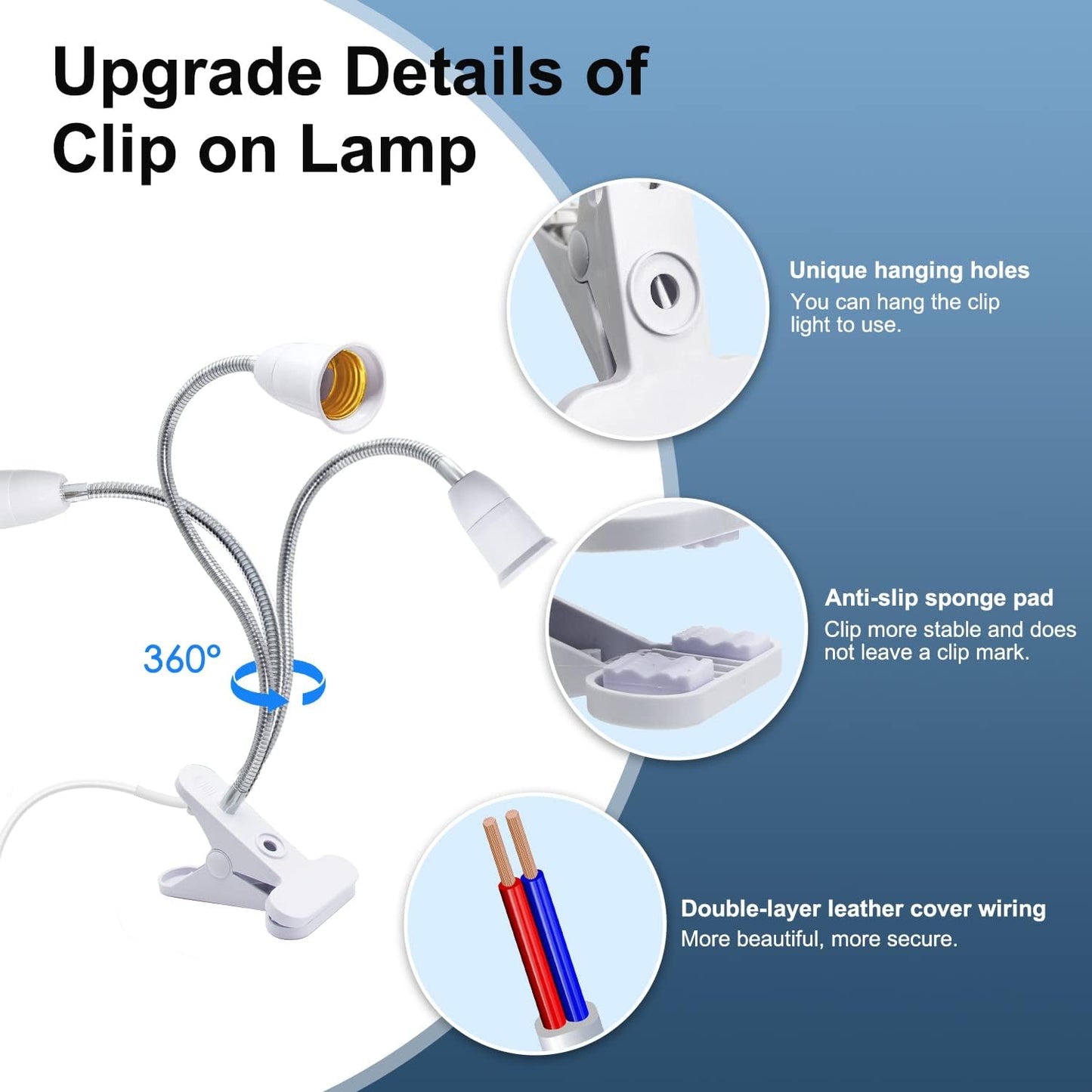 Flexible Aluminum Neck Clip Lamp Holder, 360Adjustable Socket, E26/E27 Clamp Light Fixture with 220 CM Switch and Plug Cable, Desk Lamp Holder for Study Work Read, No Bulb