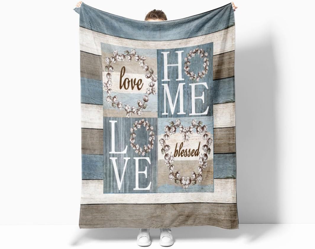 Rustic Floral Flower Sweet Love Home Fabric Throw Blanket, Farmhouse Country Vintage Wood Plank Cotton Soft Warm Fleece Blanket for Living Room Couch Bed Chair or Dorm, 50"x60"