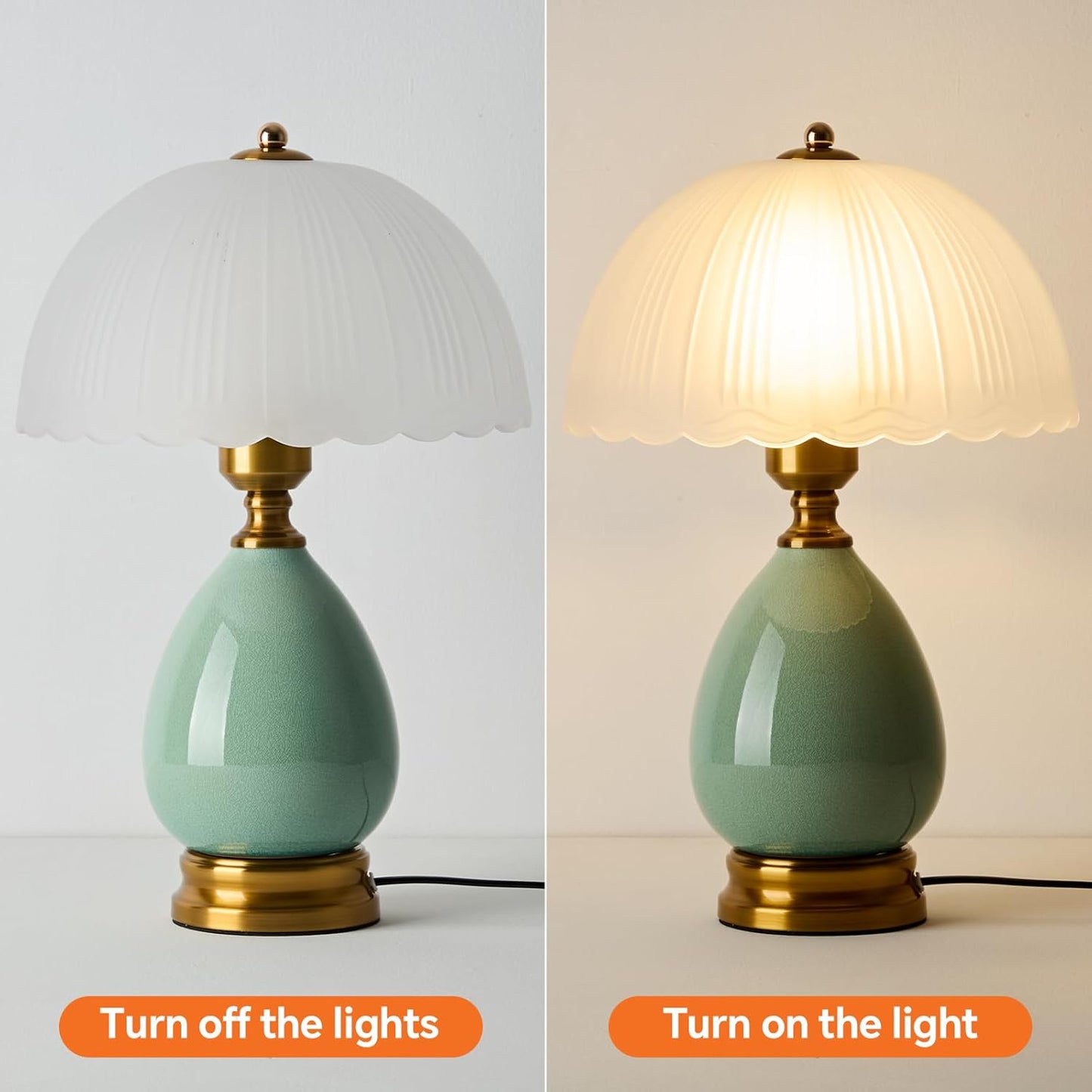 Ceramic Table lamp, Modern Bedside Lamps Green Mid Century Vintage Desk Lamp Retro Glass Mushroom Traditional Lamp for Nightstand Living Room Bedroom Home Decor (S04GN-1PACK)
