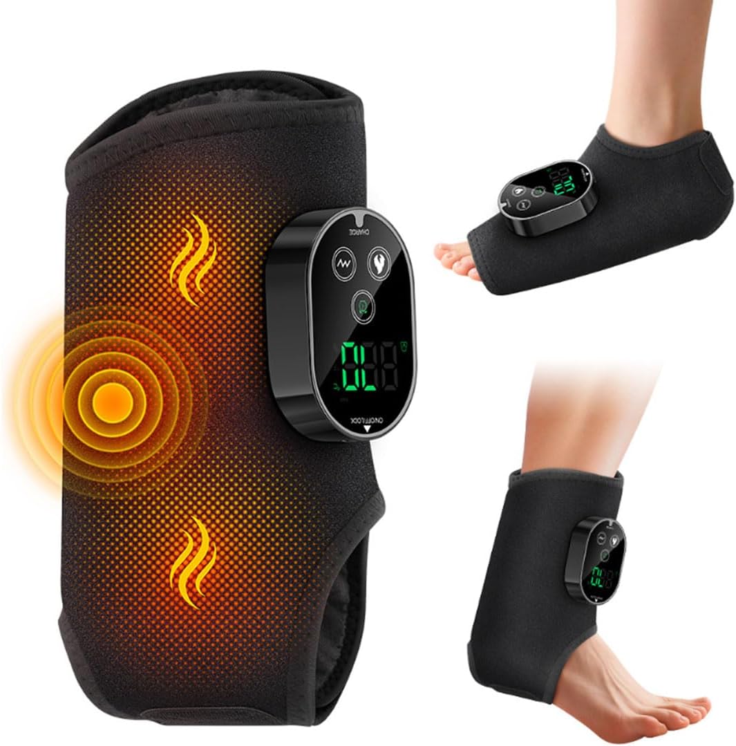 Ankle Massager,3-in-1 Wearable Hot & Vibration Massager for Feet, Ankles, and Arms | Reusable Heating Pad Brace for Home Recovery (Black)