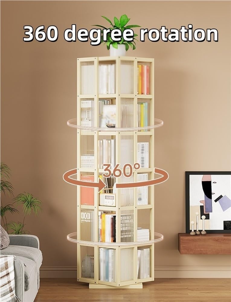360° Rotating Floor Standing Bookshelf, Tall Open Design Revolving Bookcase with Acrylic, Space-Saving Display Shelf for Study or Living Room (Brown, 72x13.8x13.8in)