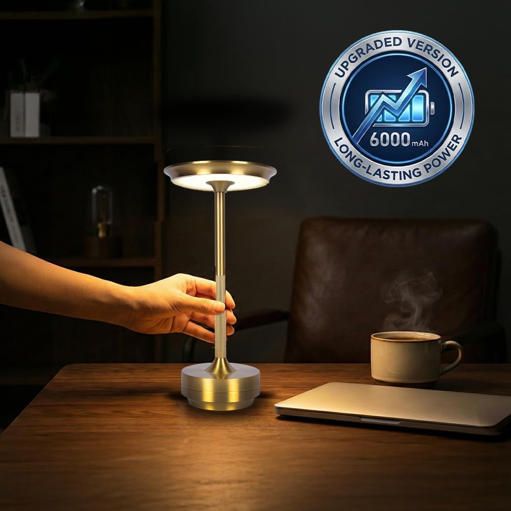 2026 Upgraded 6000mAH for longer battery life. Cordless Table Lamps Rechargeable, Portable Lamp, Stepless Dimming LED Table Light with Memory Function, for Outdoor/Dinner/Patio/Restaurant, (Gold)