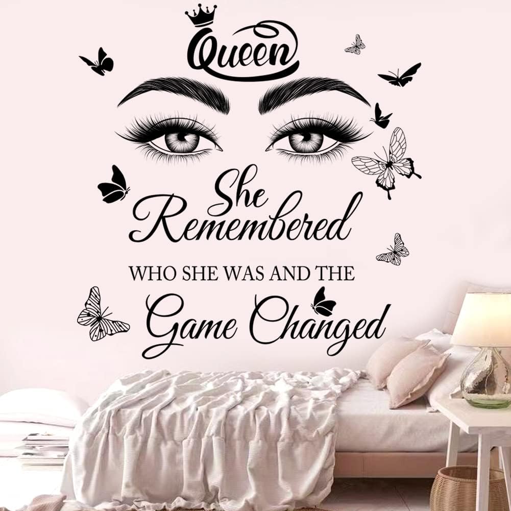 Inspirational Quotes Wall Decals Eyelash Eyes Wall Stickers Positive Lettering Saying Queen She Remembered Who She Was and the Game Changed Wall Art Sticker for Women Girls Bedroom Living Room Decor