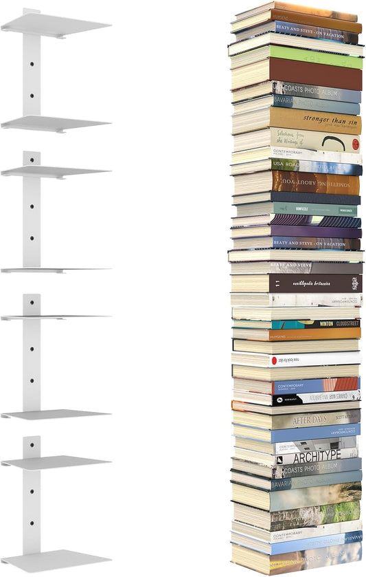 Invisible Floating Bookshelves for Wall, 8 Tier Vertical Spine Book Tower, Heavy Duty Floating Book Shelves Metal Book Organizers for Home Office, 4 Pack(White)