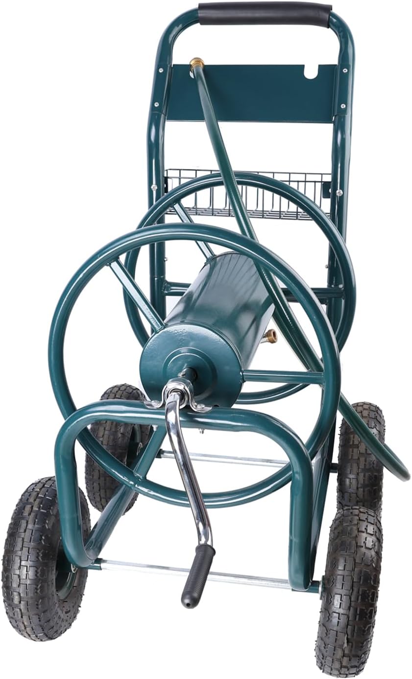 Garden Hose Reel Cart, Portable 4 Wheels Water Hose Reel Cart with Storage Basket, Heavy-Duty Water Hose Holder Trolley for Yard Garden Farm Green As Shown