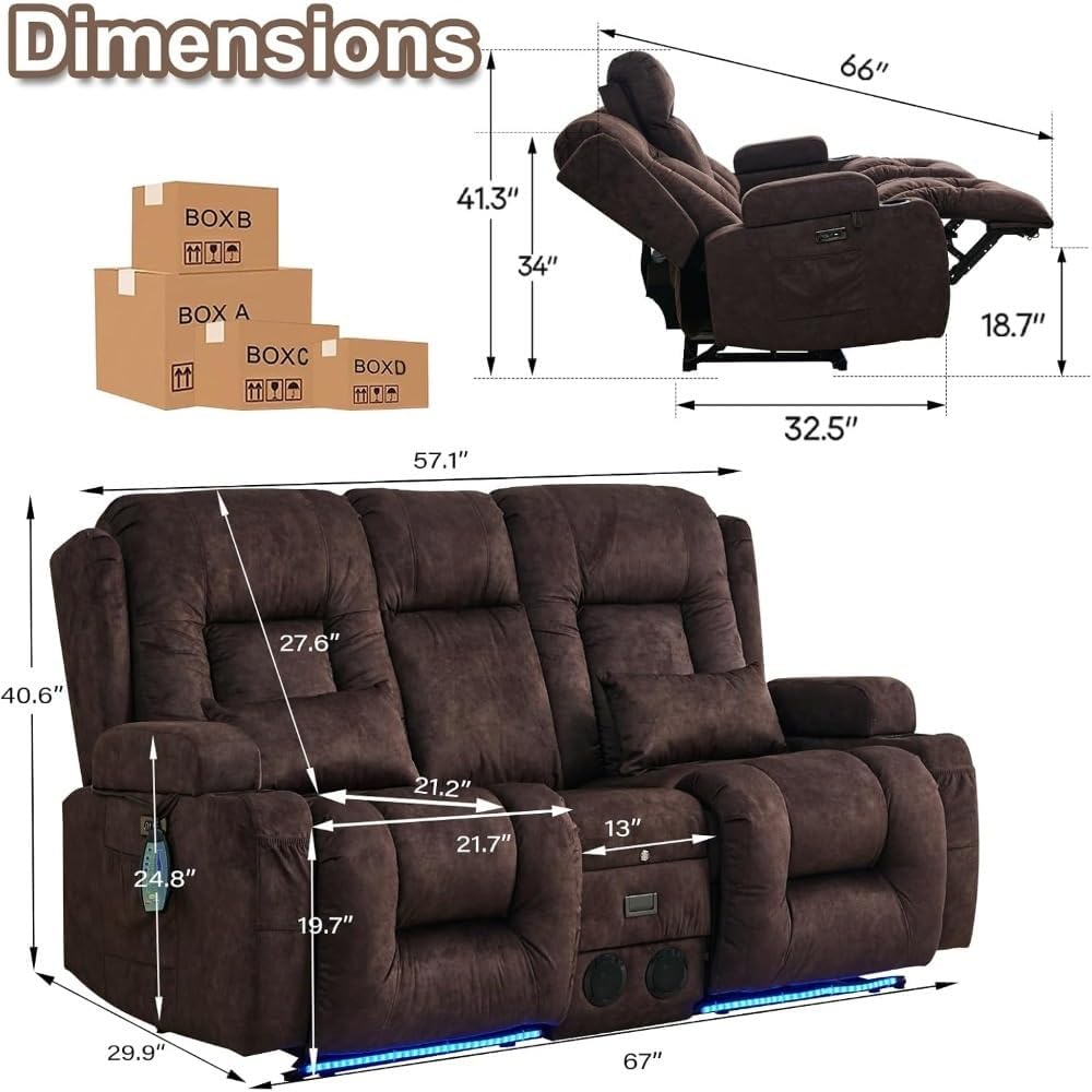 Adults Massage Recliner Chair, Leisure Home Theater Seating Sofa with Massage and Heated, Ergonomic Leisure Chair Classic Loveseat Sofa with LED Lights, Cup Holder, USB Ports