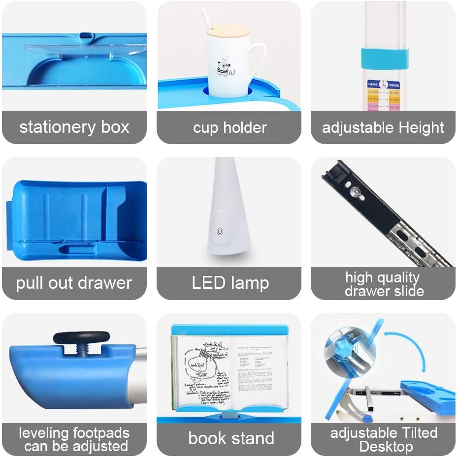 LVYUAN Kids Desk and Chair Set, Height Adjustable Study Desk for Bedroom, Tiltable Desktop, 3 Modes Light, Go Back School, Blue