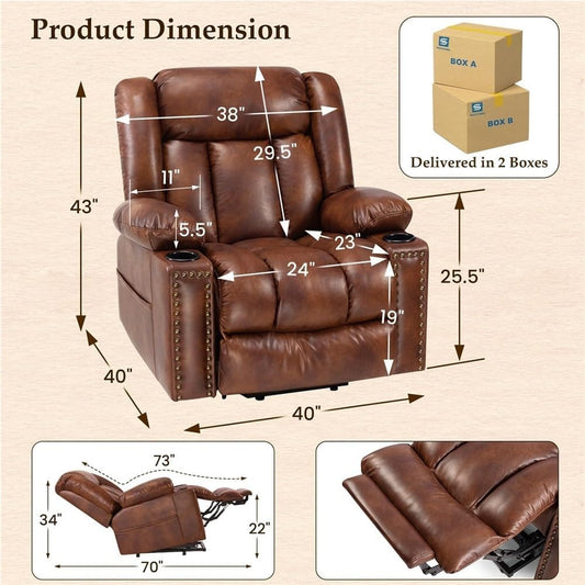 Large Wide Power Lift Recliner Chair for Elderly, Electric Reclining Sofa with Heat & Vibration Massage, Extended Footrest, Cup Holders, Side Pockets, Leather Light Brown