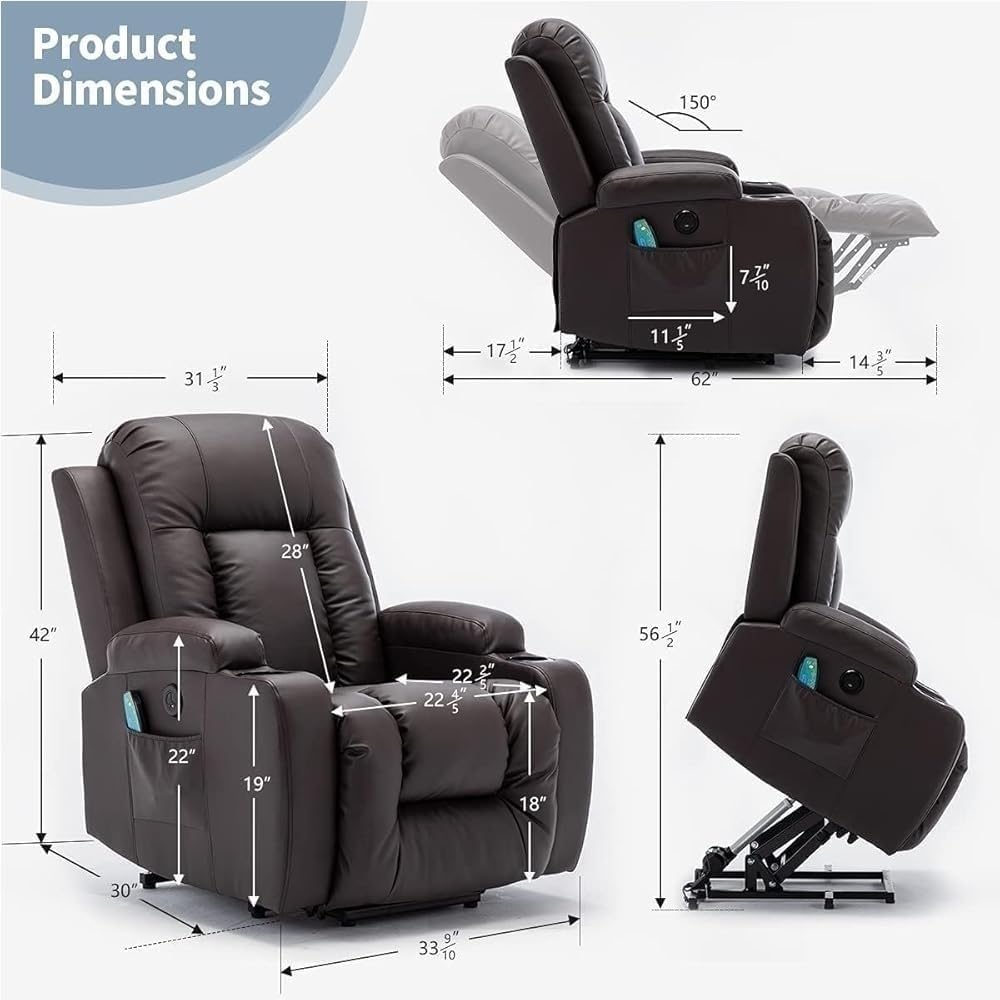 Leather Electric Lift Chair Recliner Adjustable Massage High Back Power Rocker Reclining Sofa for Elderly Adults Comfort Seating Long Hours Sitting