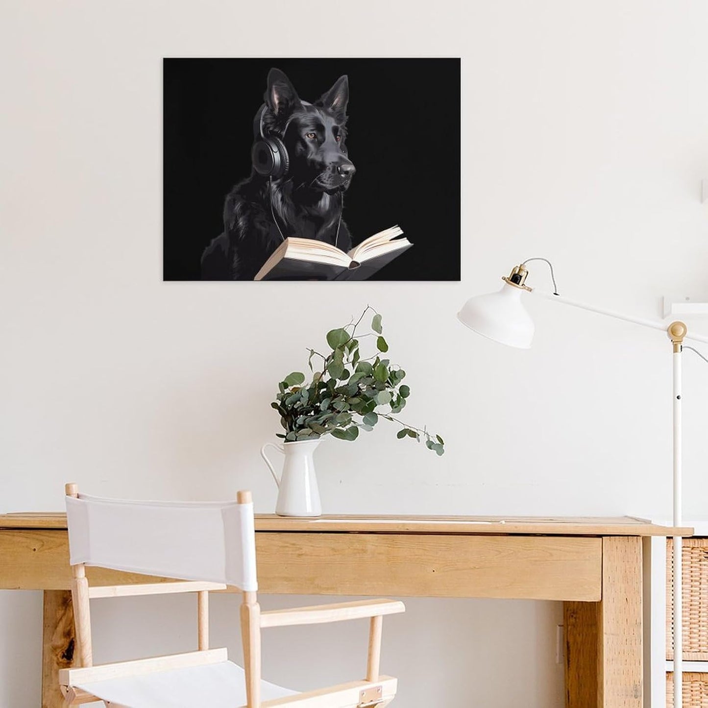 German Shepherd Wearing Headphones Reading Funny Canvas Wall Art Print Artwork Picture Painting for Home Office Decoration 12"x16"