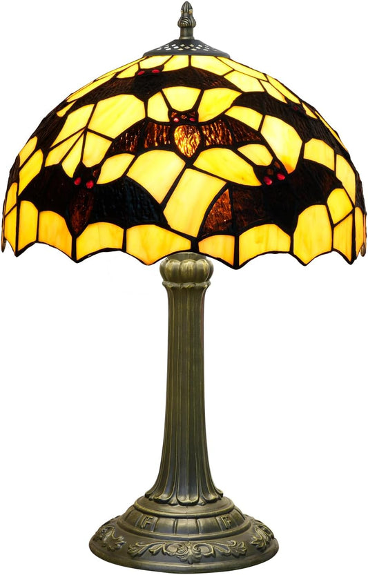 Tiffany Lamp Black Bat Style Stained Glass Table Lamp Vintage Bedroom Bedside Light for Home Dorm Office Art Craft Antique Decor Accent Aesthetic Nightstand Reading Light 12x12x19 Inches