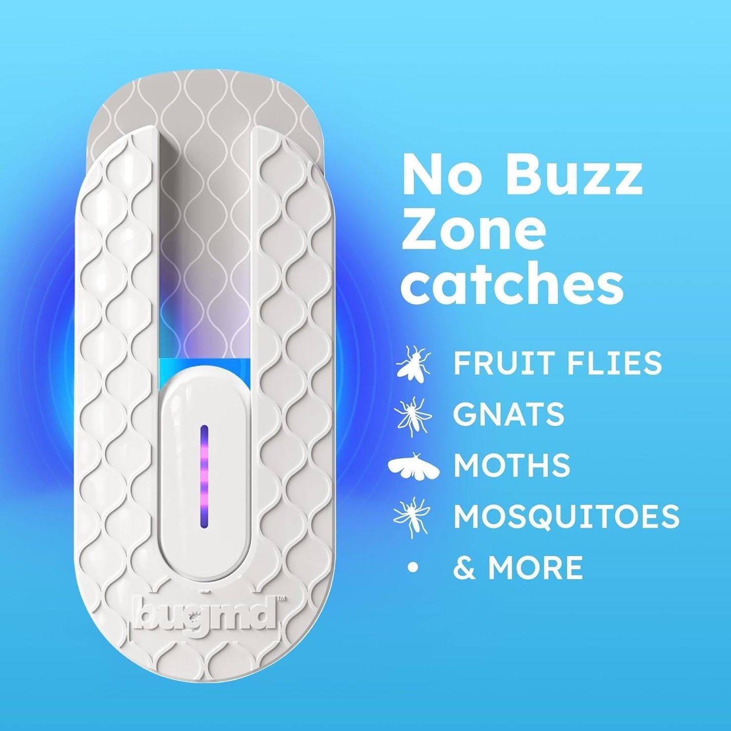 BugMD No Buzz Zone - Flying Insect Trap Catcher Indoor Fly Safer Home Fruit Traps for Gnat Moth Mosquito Bug Light Plug in Killer Refillable Uv Zapper Flea Inside and Indoors 3 Device + 9 Refill
