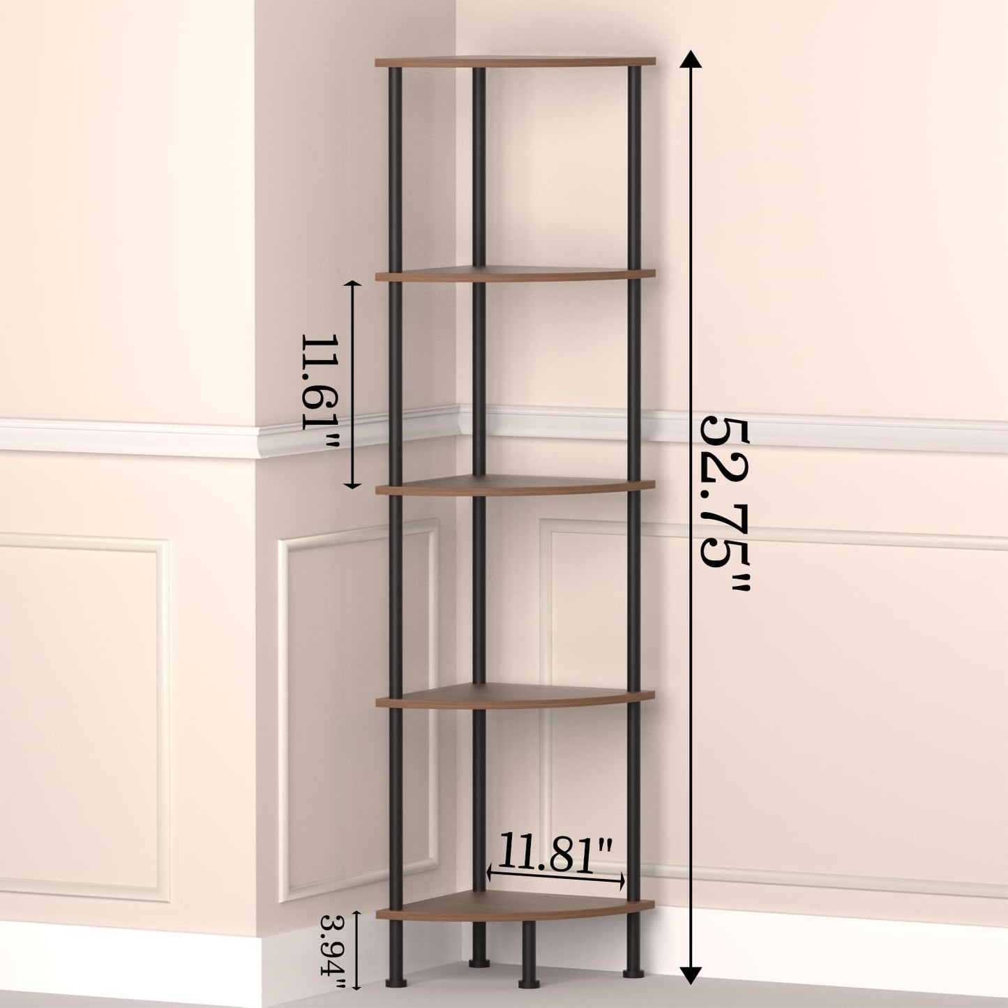 5-Tier Corner Shelf Stand, 52" Industrial Corner Display Rack for Living Room, Bookshelf, Tall Display Shelf, Plant Stand, Storage Standing Shelf for Bedroom, Bathroom, Kitchen, Brown