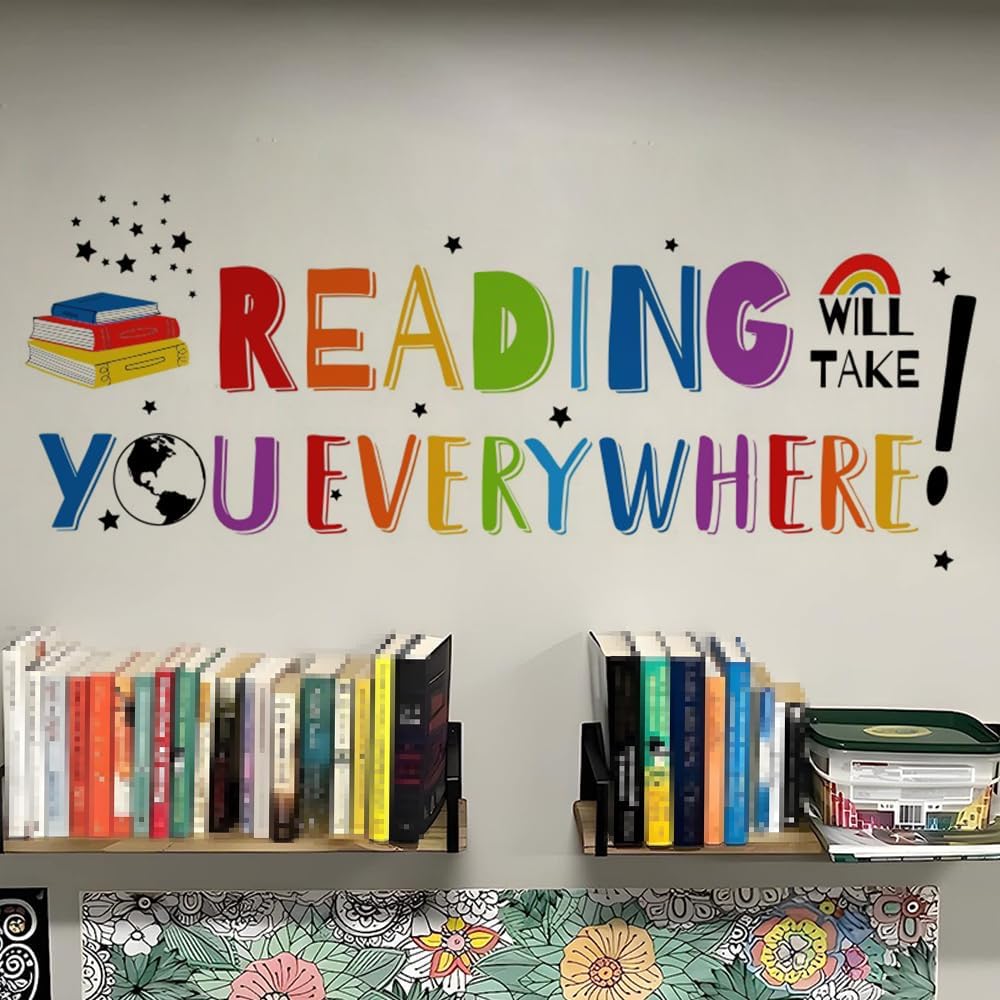 Inspirational Quote Wall Decal Sticker, Motivational Phrase Decoration Classroom Bedroom Playroom Art, Study Room Library Wall Sticker Decor, Reading Will Take You Everywhere
