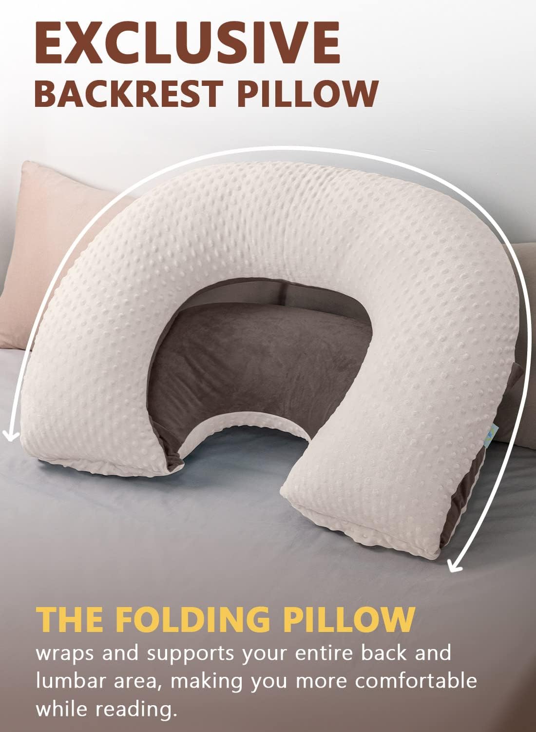 INSEN Reading Pillow, Back Pillow for Sitting in Bed and Couch, Gaming Pillow for Adults, Sit Up Support for Bed (Dot Velvet-Brown, Upgraded)