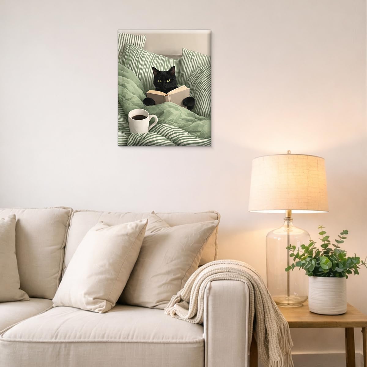 Black Cat Reading Bedroom Wall Art Cat in Green Striped Bed Canvas Print Poster Cozy Bookish Wall Decor for Home Bedroom 8x10 Inch Framed