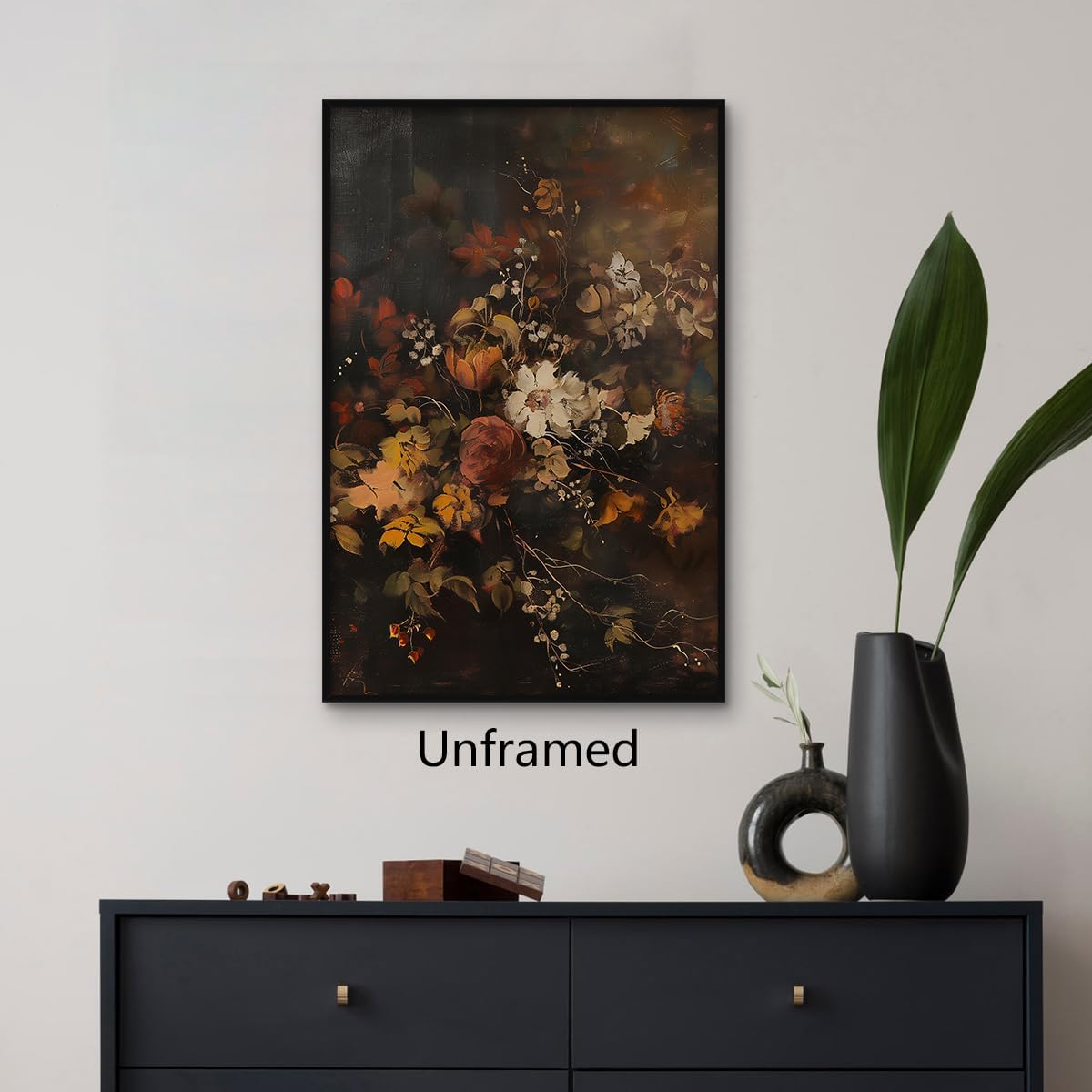 Fall Flowers Canvas Wall Art, Moody Dark Autumn Floral Still Life Poster, Thanksgiving Day Victorian Botanical Painting, Gothic Dark Academia Halloween Print Wall Decor 12x16in Unframed