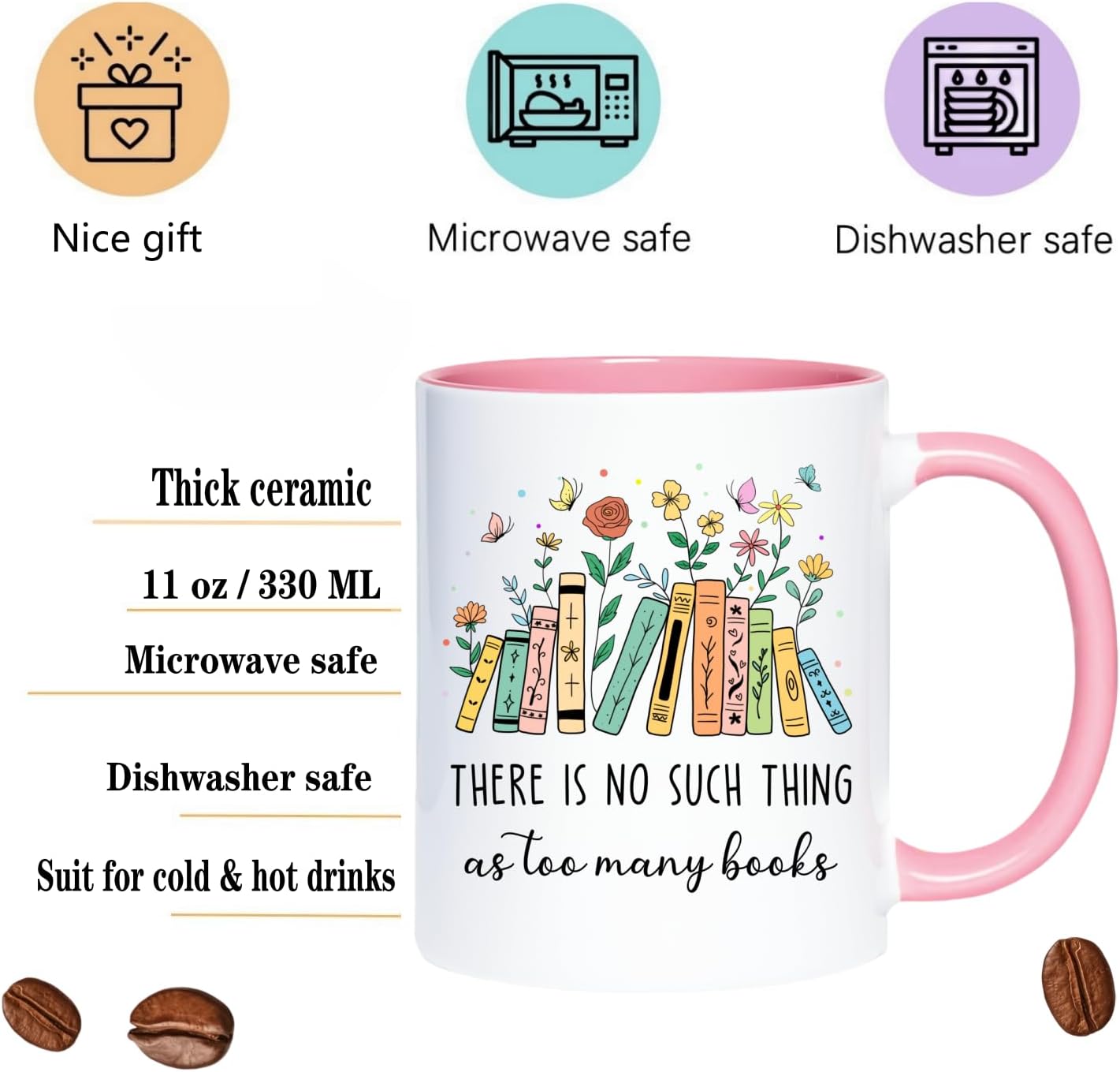 Book Lovers Coffee Mug, Reading Gift for Reader Woman Man, 11 oz Ceramic Water Coffee Cup for Bookworms Bookish Reader Book Club Party Mug (Too many Books)