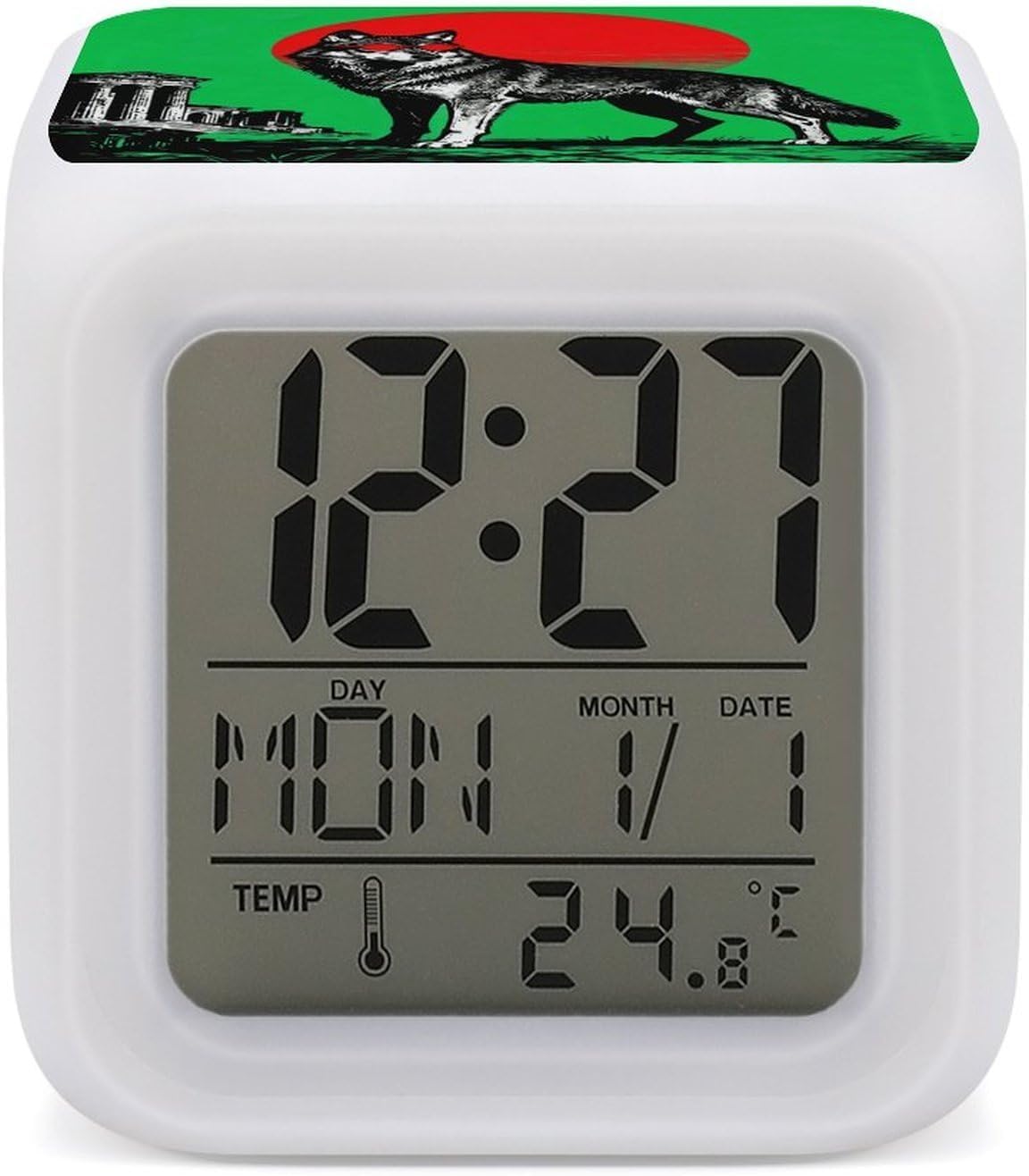 Green Round Wolf 7 Color Changing LED Night Light Alarm Clock Compact 3.1" Cube with Time Date Temperature Display Battery-Powered Auto-Cycling Mood Light for Bedroom Dorm & Travel