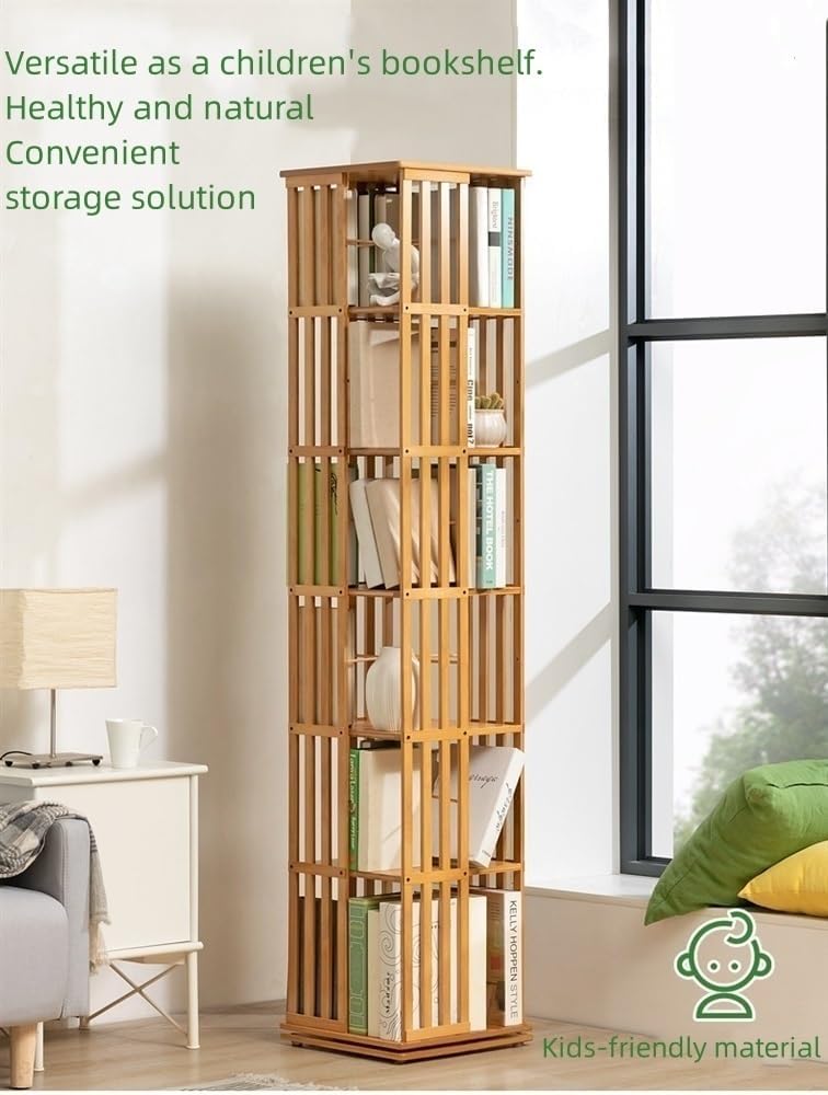 Rotating Bookshelf, 360 Degree Bamboo Bookcase, Floor Standing Wood Storage Display Rack for Living Room and Office, Freestanding Design, Versatile Narrow Storage Solution