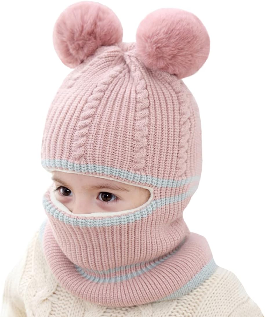Toddler Winter Hat Baby Balaclava 2 in 1,Fleece Lined Knitted Beanie with Face Mask, Ear Flaps & Pom Pom for Boys Girls