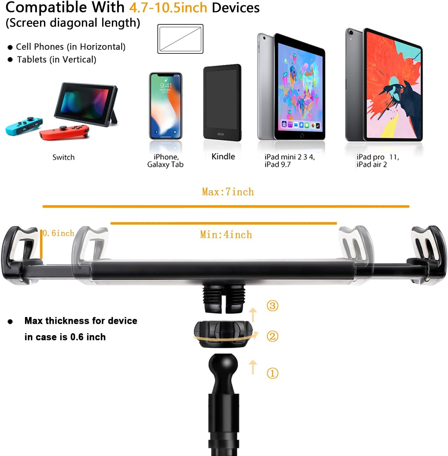 Gooseneck Tablet Holder Stand, Kindle Holder for Bed 33in Flexible Long Arm Clamp Clip Mount for iPad, iPhone, Switch, Galaxy Tabs, Kindle Fire, Phone 4.7''-11'' Tablet Devices