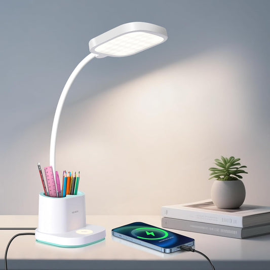LED Desk Lamp for Home Office Bedroom, 3 Color Modes Dimmable Reading Light with USB Charging Port, Rechargeable Study Lamp for Kids Student with Pen Holder, Table Light 360°Adjustable Arm