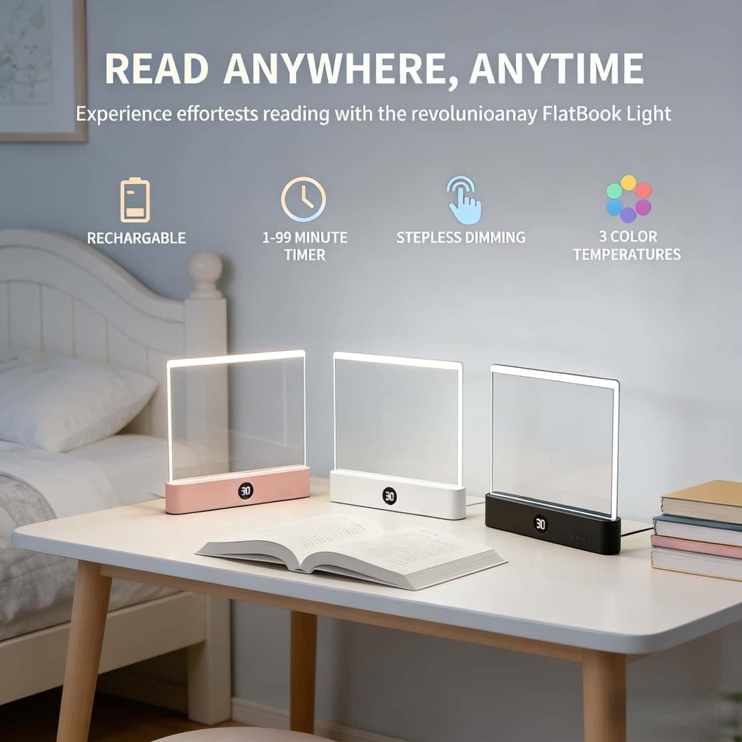 TWINPAIR LED Book Light for Reading, USB Rechargeable Flat Reading Lamp with Full Page Light, 3 Colors 2 in 1 Night Light,Dimming & Timer Reading Lights for Book Lovers, Students, Readers (White)
