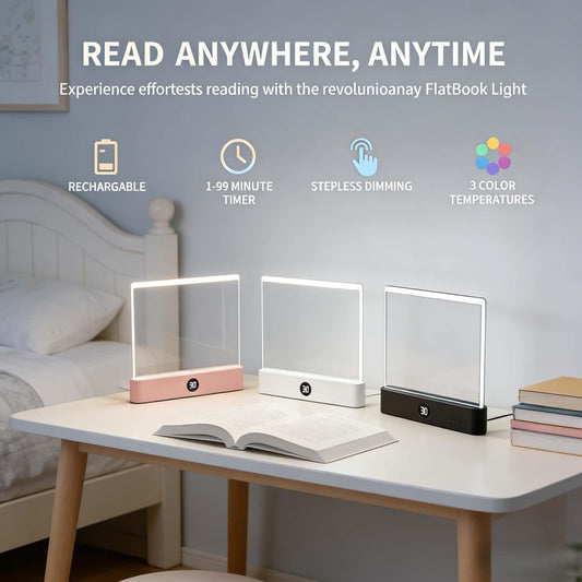TWINPAIR LED Book Light for Reading, USB Rechargeable Flat Reading Lamp with Full Page Light, 3 Colors 2 in 1 Night Light,Dimming & Timer Reading Lights for Book Lovers, Students, Readers (White)